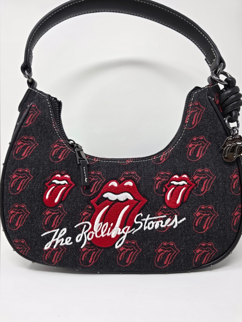 NWOT The Rolling Stones All-Over Tongue Logo Black Denim Small Hobo Bag Purse